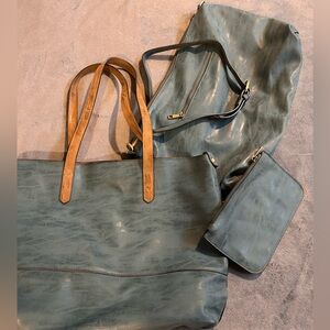 NEW! Susan Joy Blue Leather Tote, Hobo Handbag, and accessory case